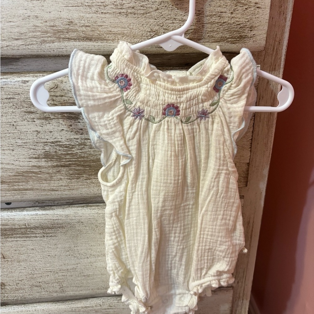 Cream Baby Romper with Floral Embroidery